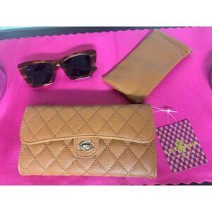 Quilted Wallet Brown Faux Leather Twist Lock Closure and Sunglasses Set